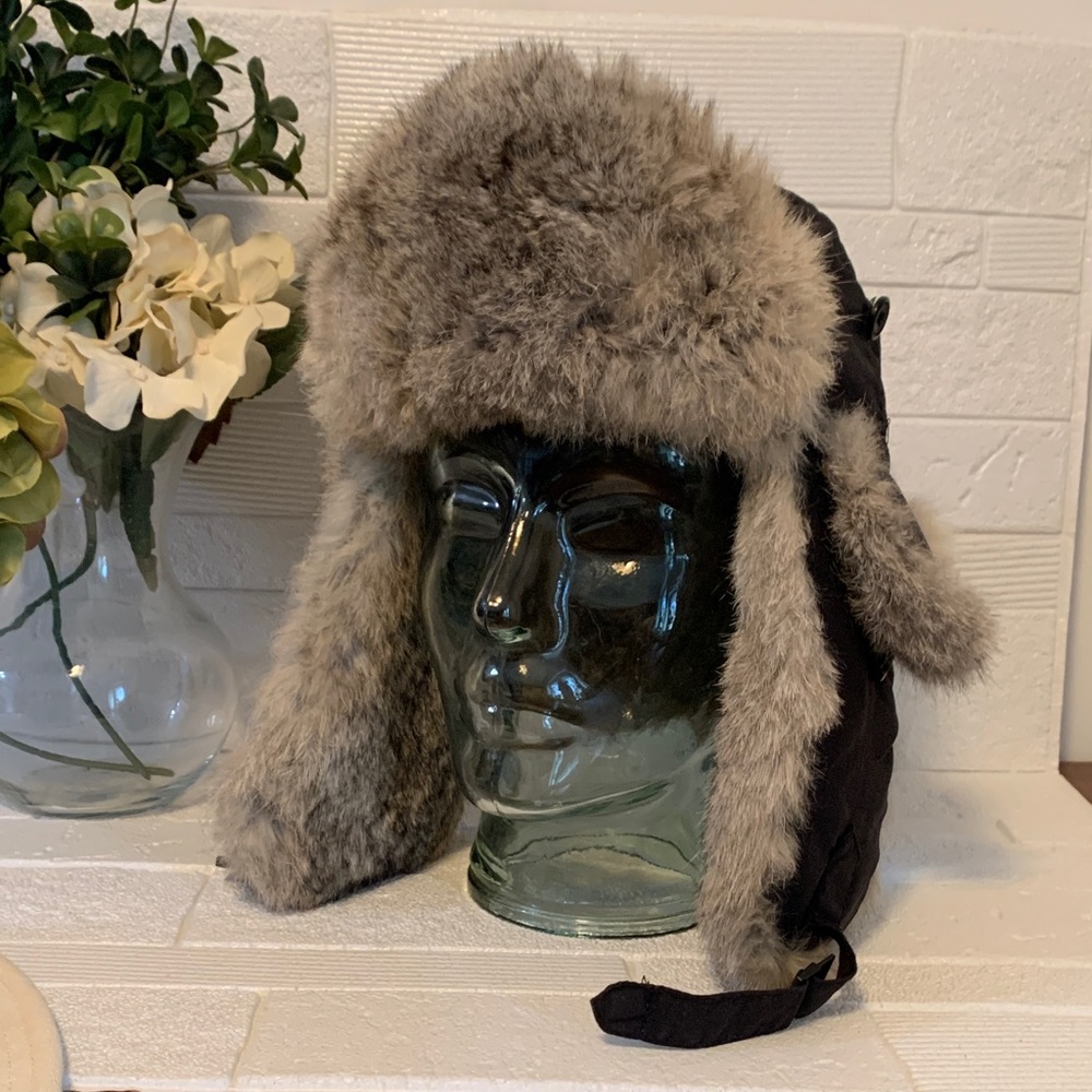 Real rabbit Fur Trapper Hat in Black and Gray and browns